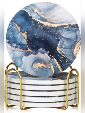 Blue Marble Gold Accent Round Coaster Set